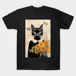 Black Cat Portrait With Flowers Vintage Art T-Shirt